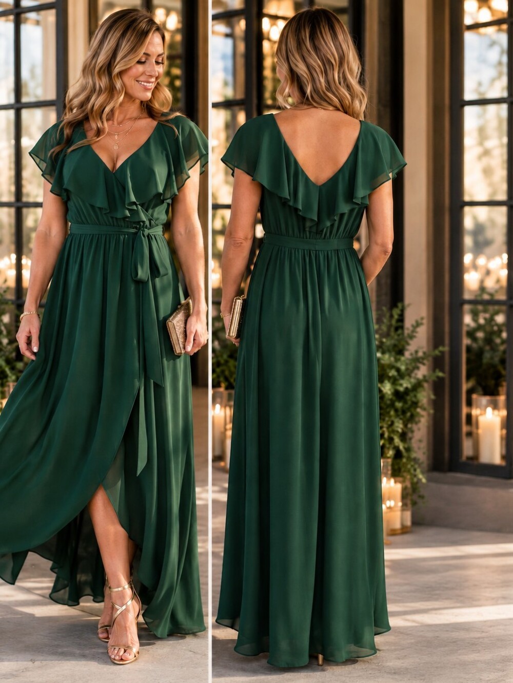 Baltic Born Katya Ruffle Maxi Dress Women's XXXL 3XL Forest Green Chiffon Wrap